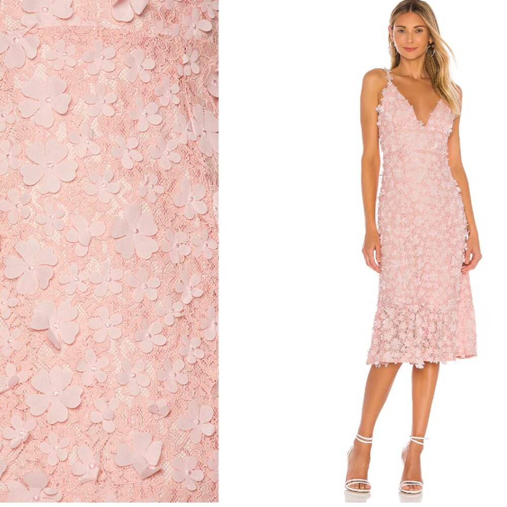 MAJORELLE Baby Pink 3D Floral Appliqué Midi Event Spring Summer Event Dress, XS
